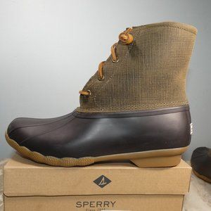 NiB Sperry Women's Ebossed Saltwater Boots, Brown/Olive, 9.5